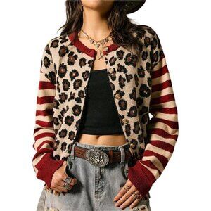 Leopard Cardigan Button Down Color Block Red and Brown Y2k Sweaters Long Sleeve